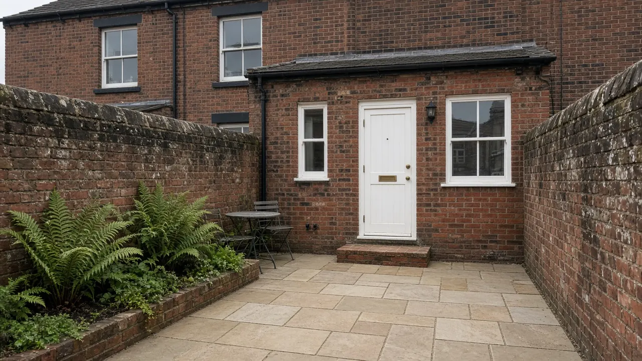 Example image: a sandstone-paved walled yard behind a Victorian terrace